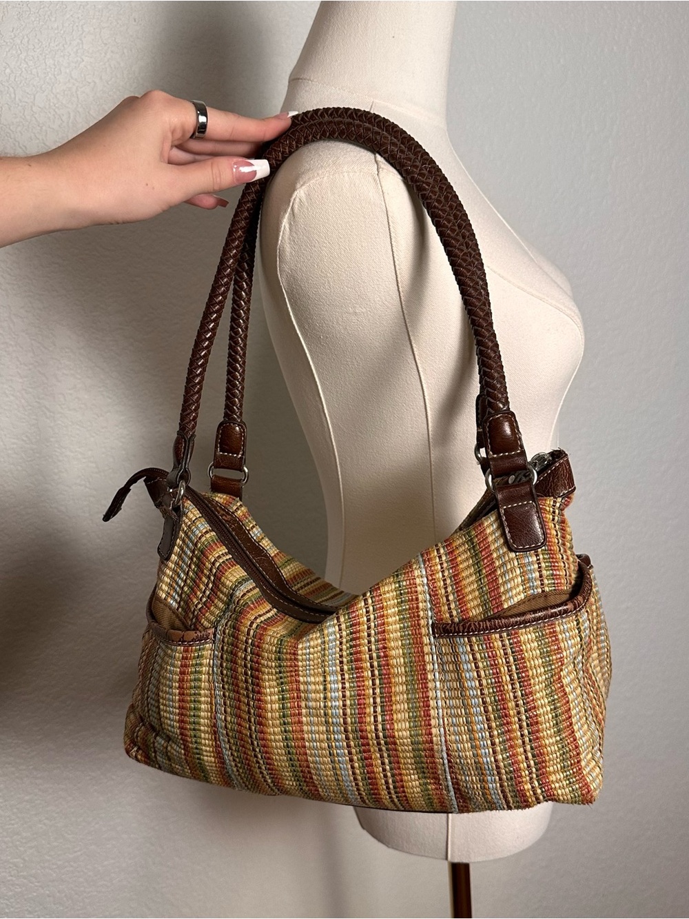Woven Multicolor Shoulder Bag with Brown Trim